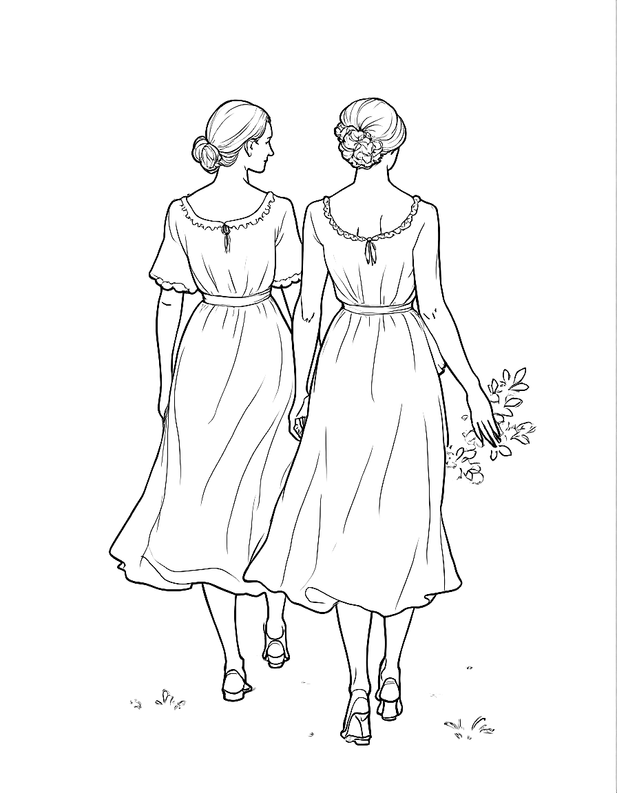 Two women walking in a garden. coloring page Sargent style free printable