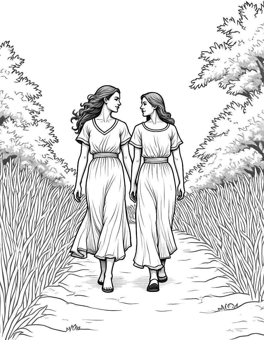 Two women walking in a garden. coloring page Wyeth style free printable
