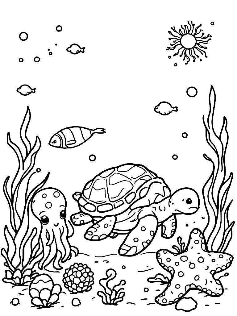 under the sea themed with cute sea creatures (a turtle,  octopus, starfish) coloring page Contour style - free printable