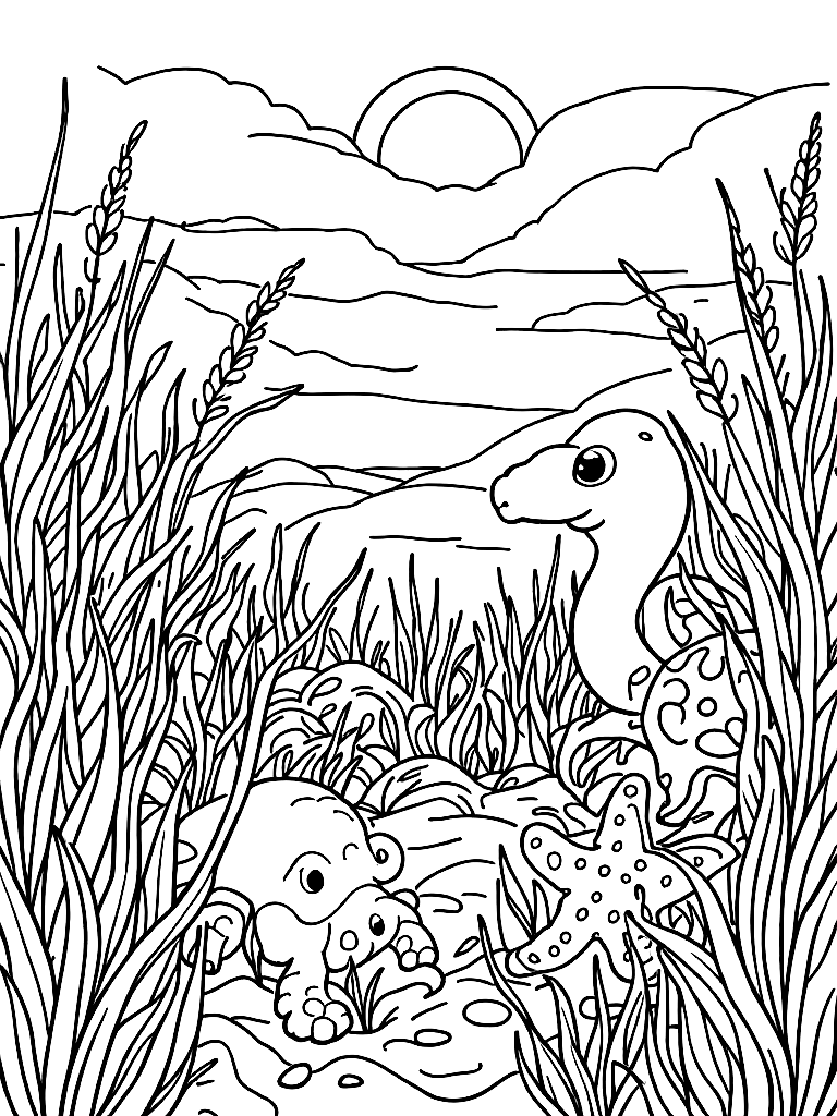 Free under the sea themed with cute sea creatures (a turtle,  octopus, starfish), from a bird's eye view looking down, in a field of tall grass at golden hour coloring page in contour style — printable line art