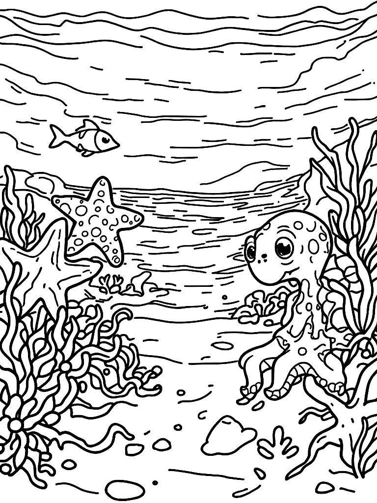 Free under the sea themed with cute sea creatures (a turtle,  octopus, starfish), from a dramatic low angle looking up, on a sandy beach with gentle waves coloring page in contour style — printable line art