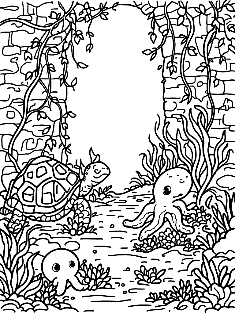 Free under the sea themed with cute sea creatures (a turtle,  octopus, starfish), from a three-quarter side angle, in a garden with vines and stone walls coloring page in contour style — printable line art
