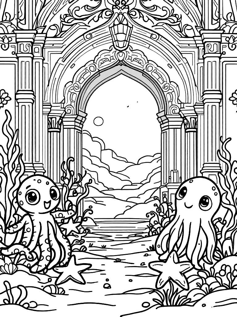 Free under the sea themed with cute sea creatures (a turtle,  octopus, starfish), from behind, looking away into the distance, in front of an ornate architectural backdrop coloring page in contour style — printable line art