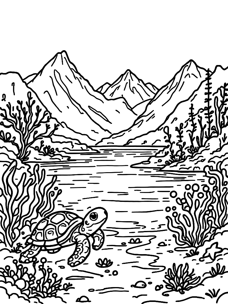 Free under the sea themed with cute sea creatures (a turtle,  octopus, starfish), from the front, facing the viewer, by a calm lake with mountains in the background coloring page in contour style — printable line art