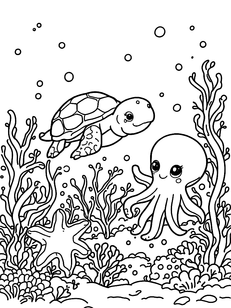 Free under the sea themed with cute sea creatures (a turtle,  octopus, starfish), from the side in full profile view, in a snowy winter landscape coloring page in contour style — printable line art