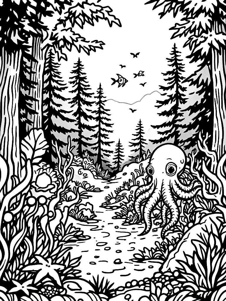 Free under the sea themed with cute sea creatures (a turtle,  octopus, starfish), in a close-up portrait view with fine detail, in a forest clearing surrounded by tall trees coloring page in contour style — printable line art