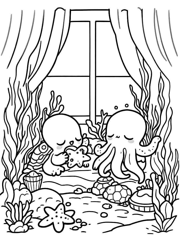 Free under the sea themed with cute sea creatures (a turtle,  octopus, starfish), in a peaceful resting pose, in a cozy indoor setting with warm details coloring page in contour style — printable line art