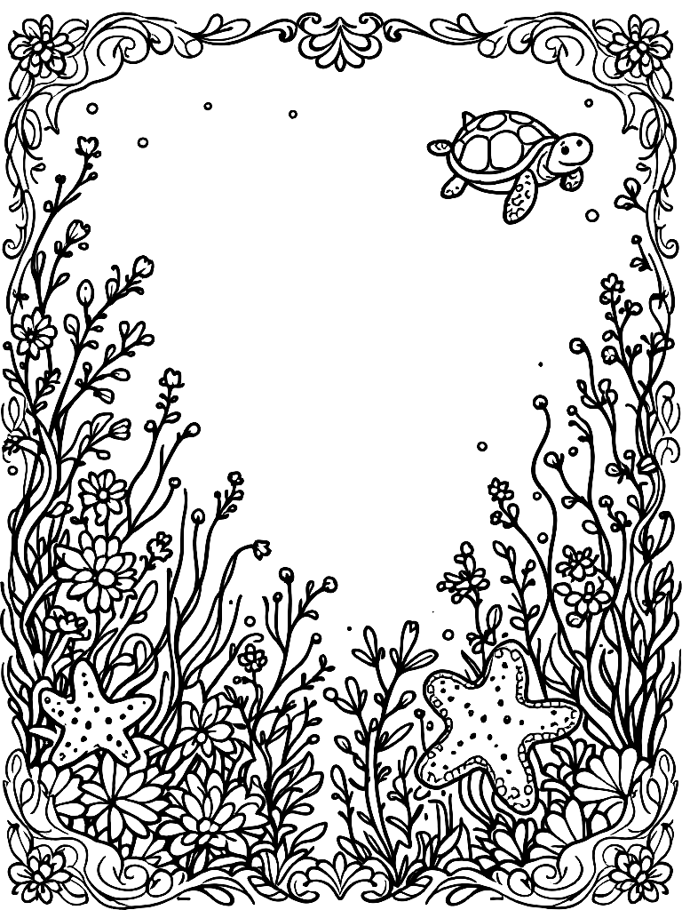 Free under the sea themed with cute sea creatures (a turtle,  octopus, starfish), surrounded by a decorative border frame, in a sunlit meadow with wildflowers coloring page in contour style — printable line art