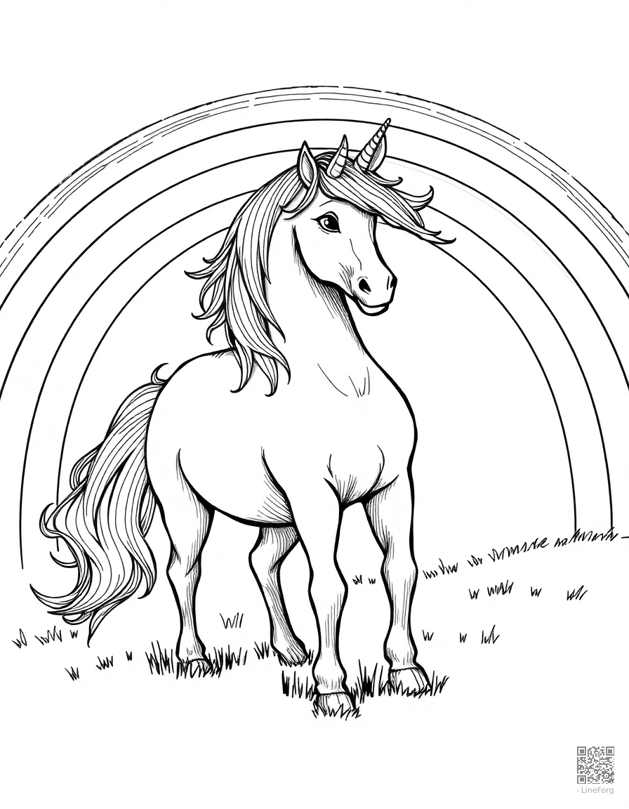 Free unicorn in front of a rainbow coloring page in crosshatch style — printable line art