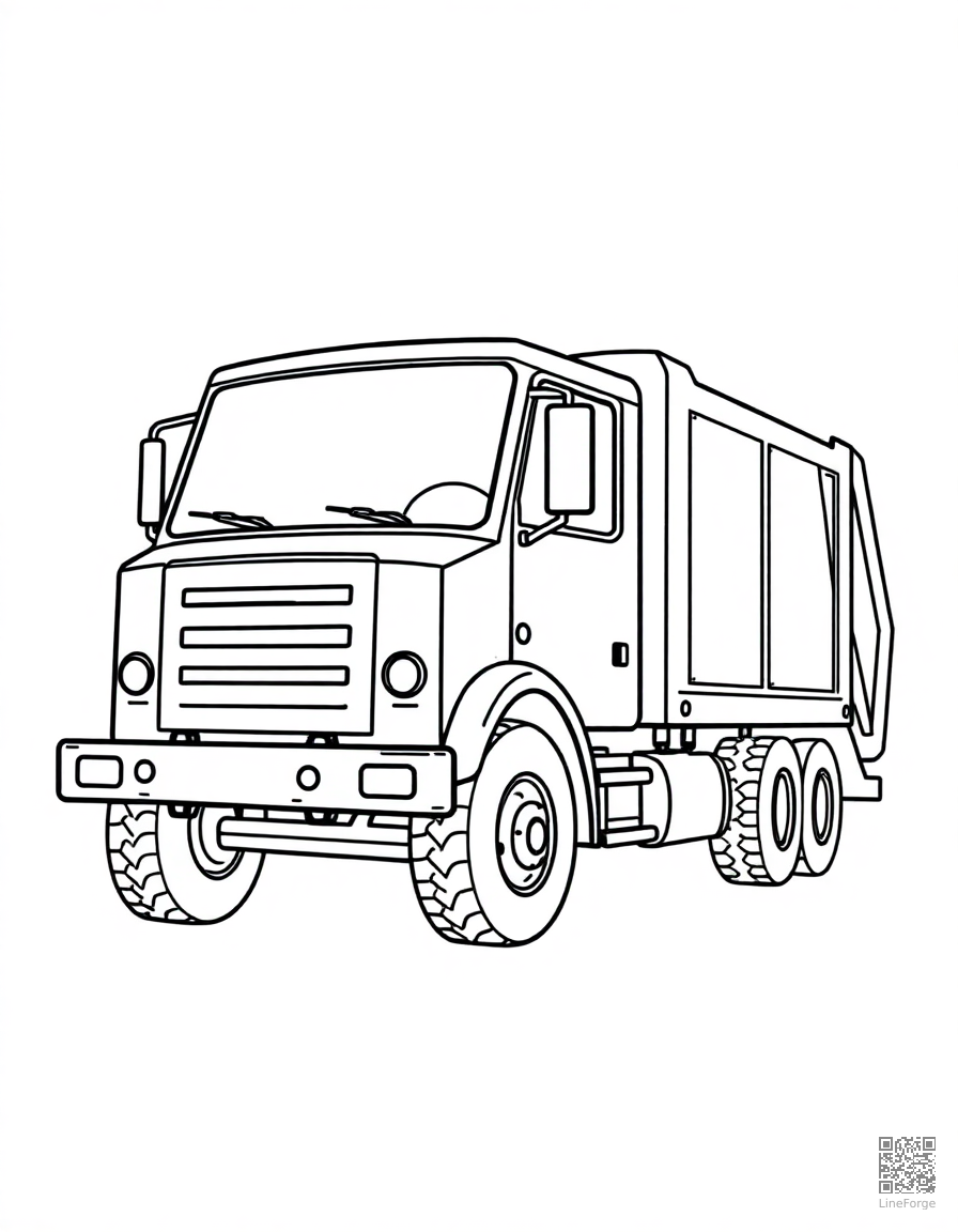 Free garbage truck on collection day coloring page in contour style — printable line art