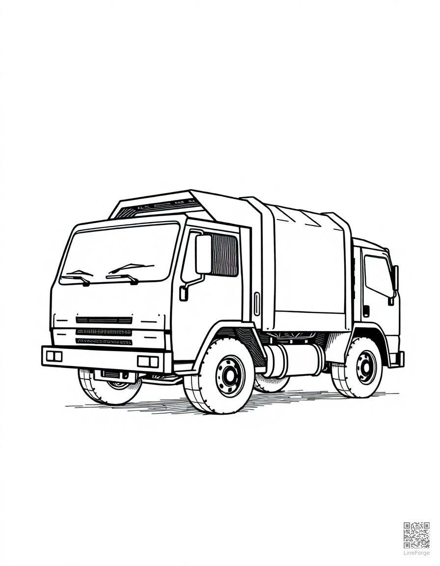 garbage truck on collection day coloring page Crosshatch style - free printable