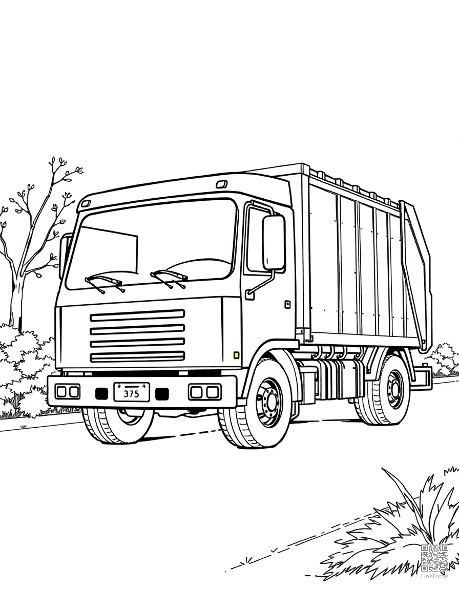 Free garbage truck on collection day coloring page in manga style — printable line art