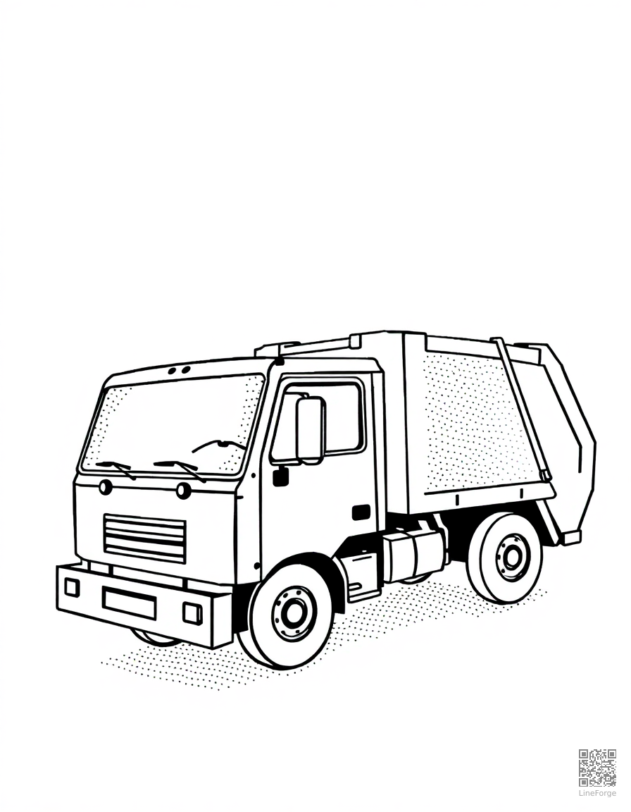 Free garbage truck on collection day coloring page in stipple style — printable line art