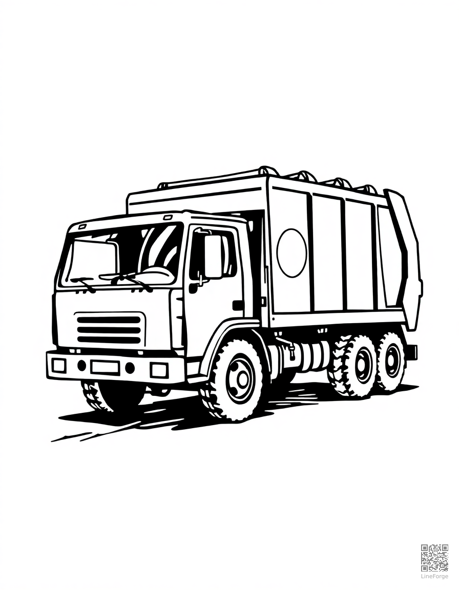 garbage truck on collection day coloring page Woodcut style - free printable