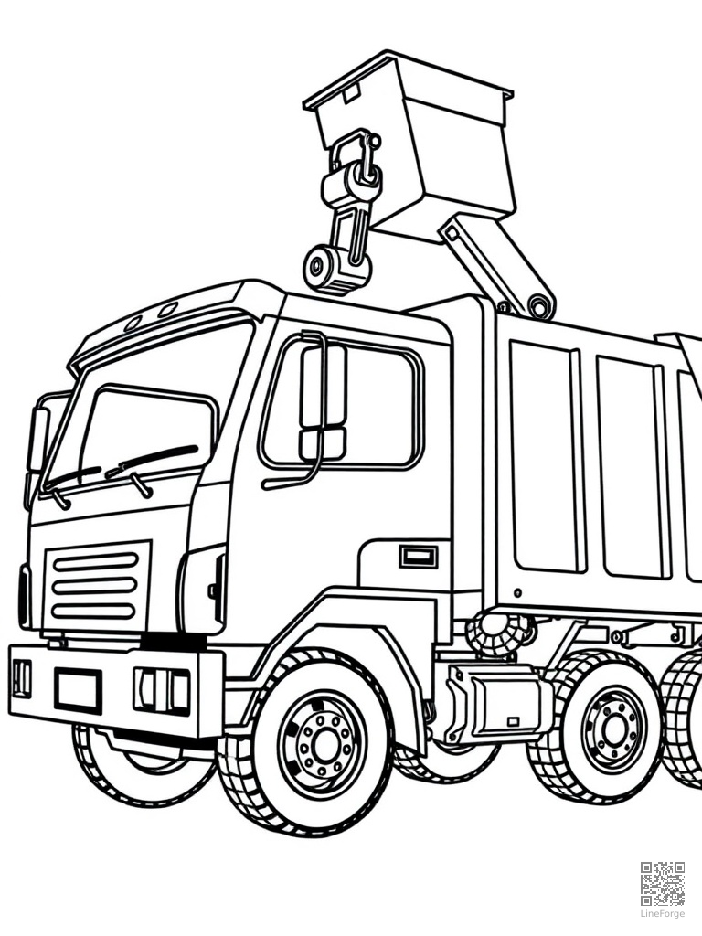 Garbage truck with mechanical arm lifting a bin coloring page Contour style - free printable