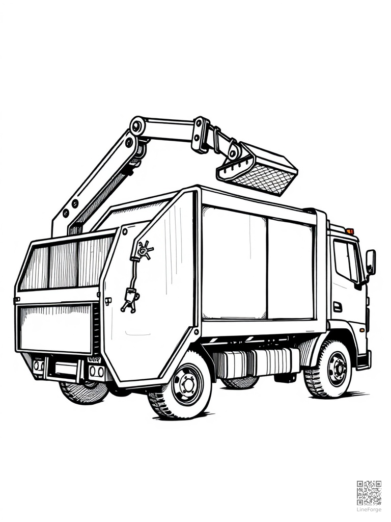 Garbage truck with mechanical arm lifting a bin coloring page Crosshatch style - free printable