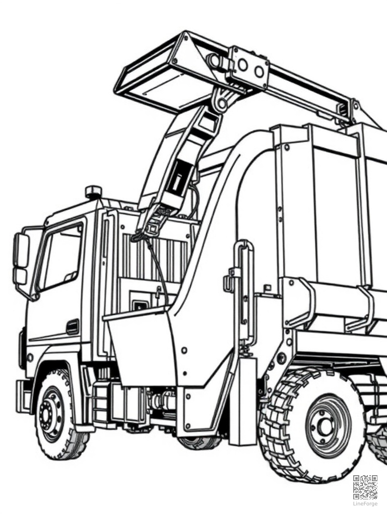 Garbage truck with mechanical arm lifting a bin coloring page Manga style - free printable