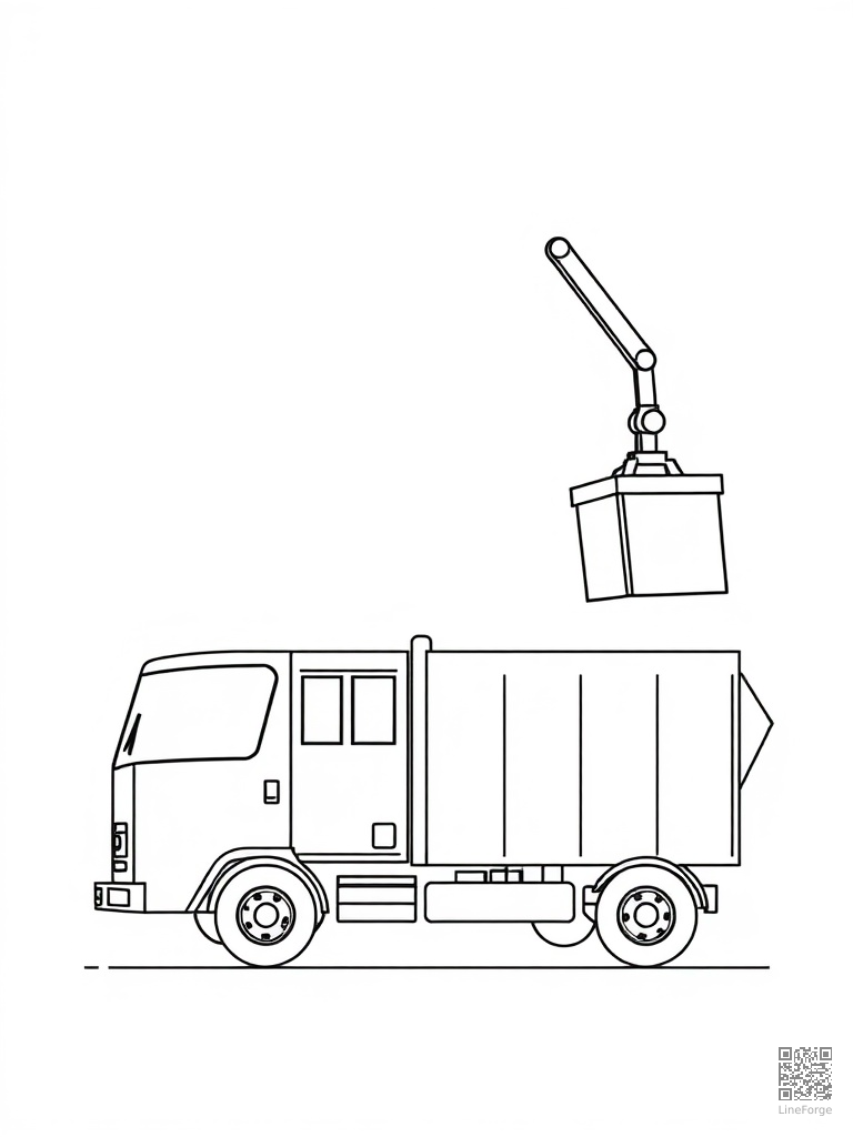 Garbage truck with mechanical arm lifting a bin coloring page Minimal style - free printable