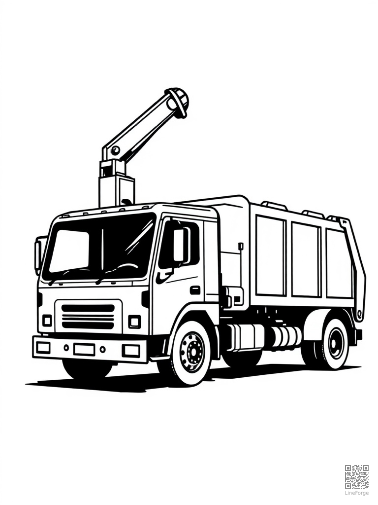 Garbage truck with mechanical arm lifting a bin coloring page Woodcut style - free printable