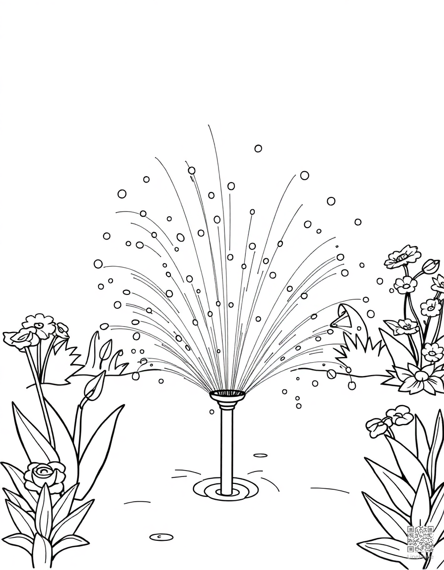 Free garden sprinkler fun on a hot day coloring page in contour style — printable line art