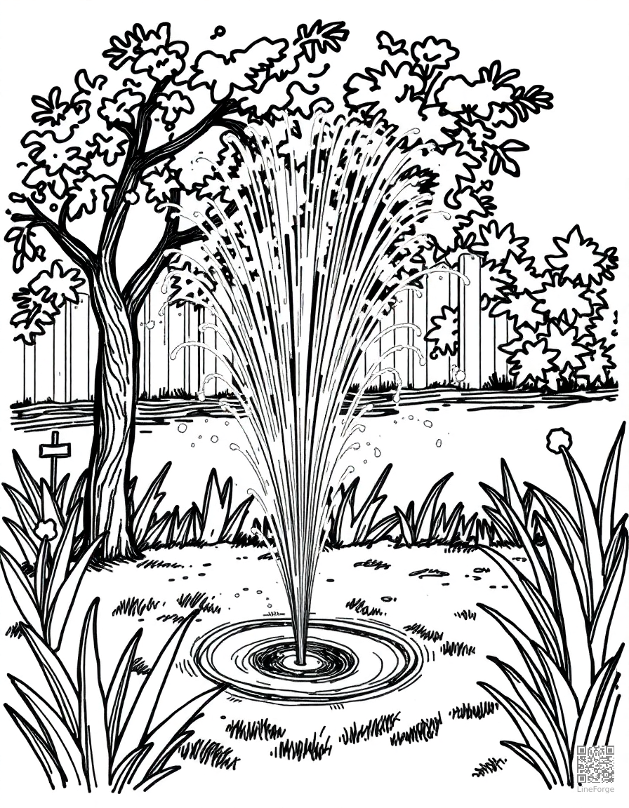 Free garden sprinkler fun on a hot day coloring page in crosshatch style — printable line art