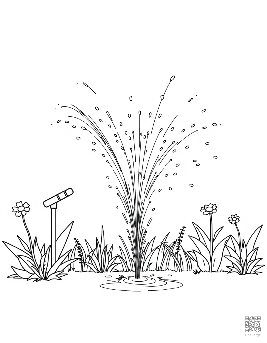 Free garden sprinkler fun on a hot day coloring page in manga style — printable line art