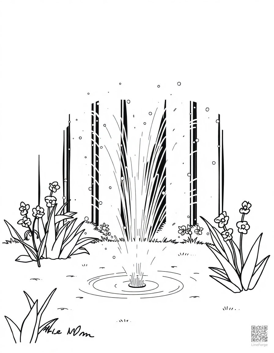 Free garden sprinkler fun on a hot day coloring page in minimal style — printable line art