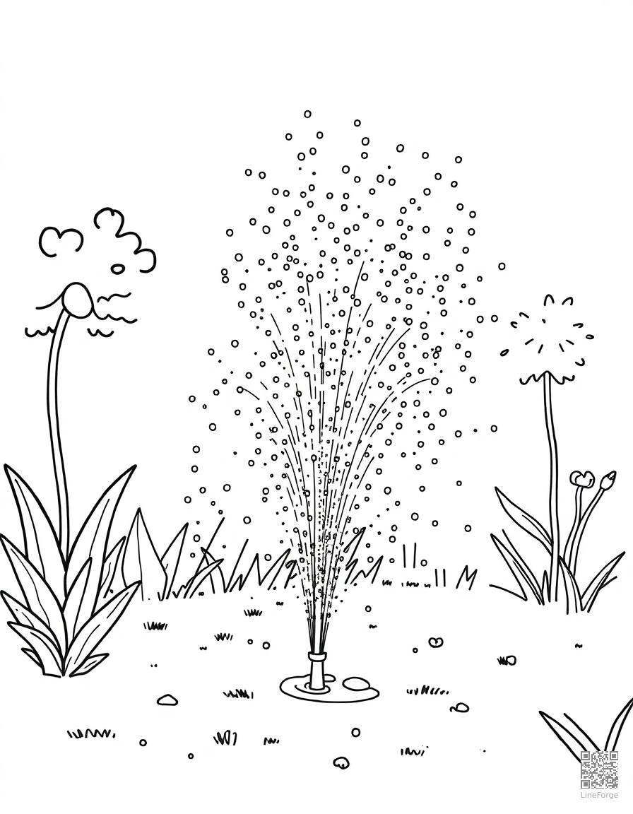Free garden sprinkler fun on a hot day coloring page in stipple style — printable line art