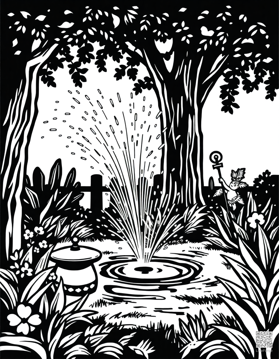 Free garden sprinkler fun on a hot day coloring page in woodcut style — printable line art