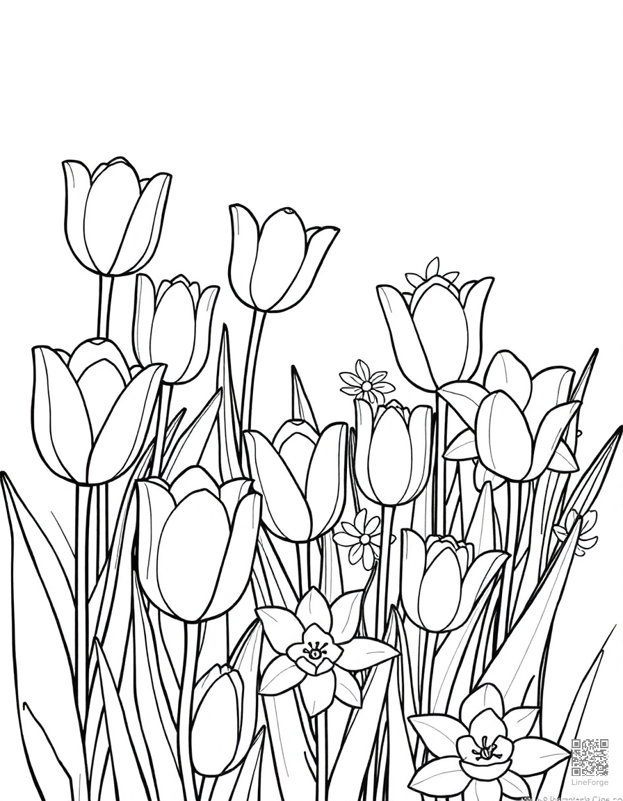 Free garden with blooming tulips and daffodils coloring page in contour style — printable line art