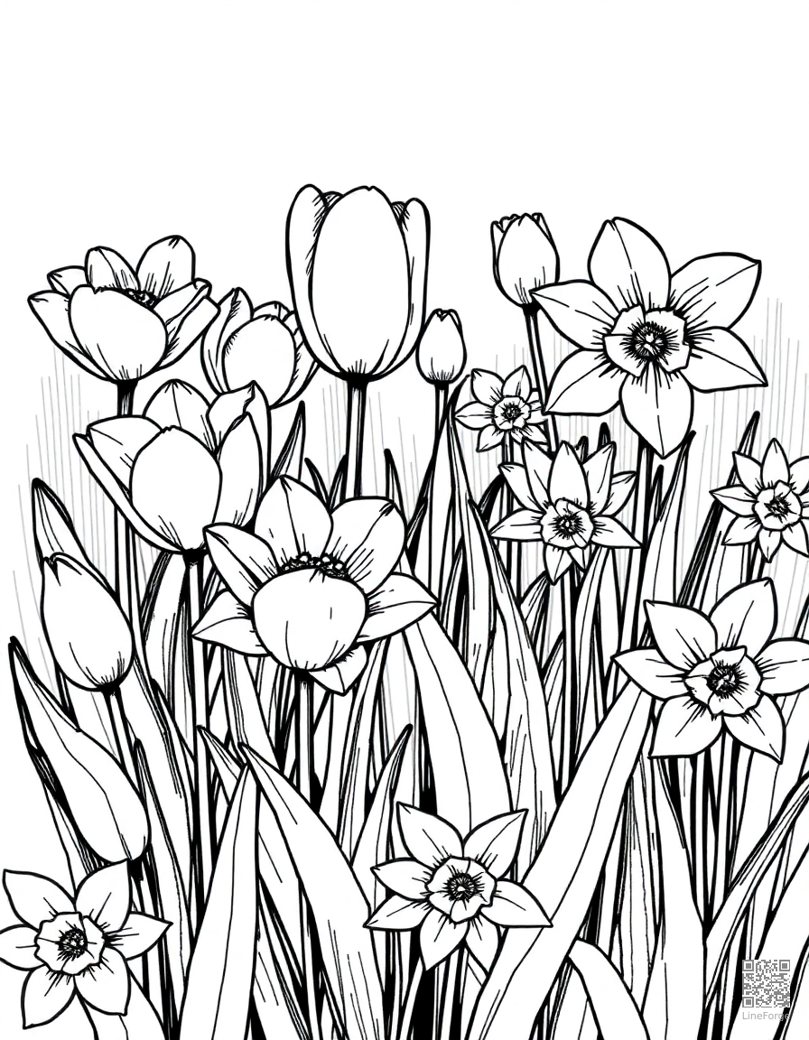 Free garden with blooming tulips and daffodils coloring page in crosshatch style — printable line art