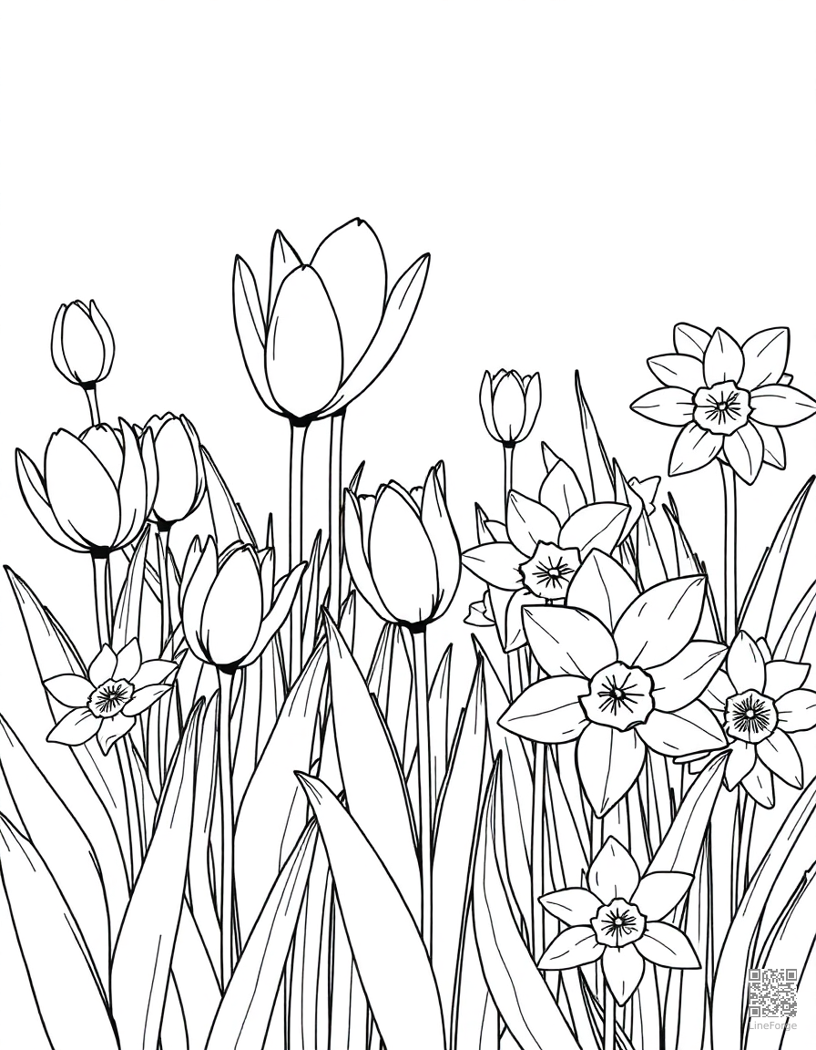 Free garden with blooming tulips and daffodils coloring page in manga style — printable line art