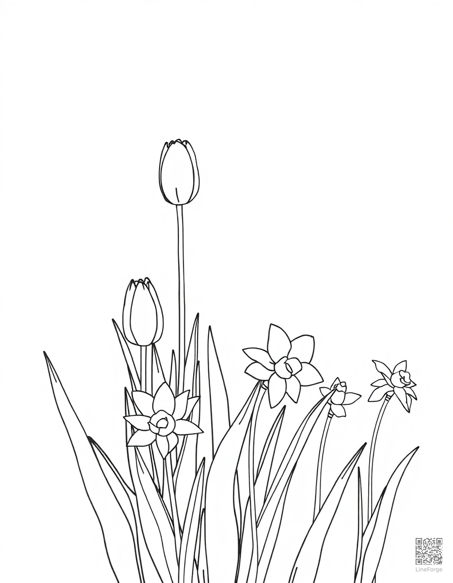 Free garden with blooming tulips and daffodils coloring page in minimal style — printable line art