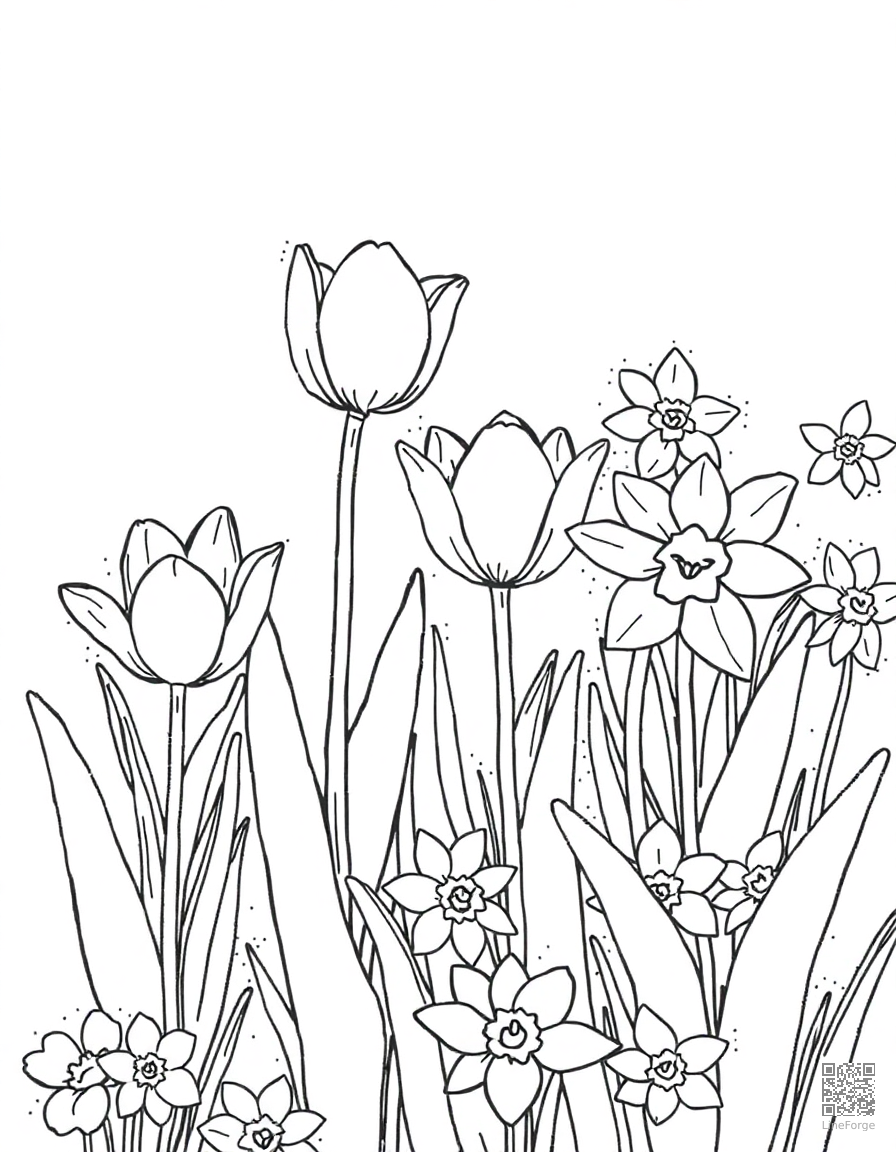 Free garden with blooming tulips and daffodils coloring page in stipple style — printable line art