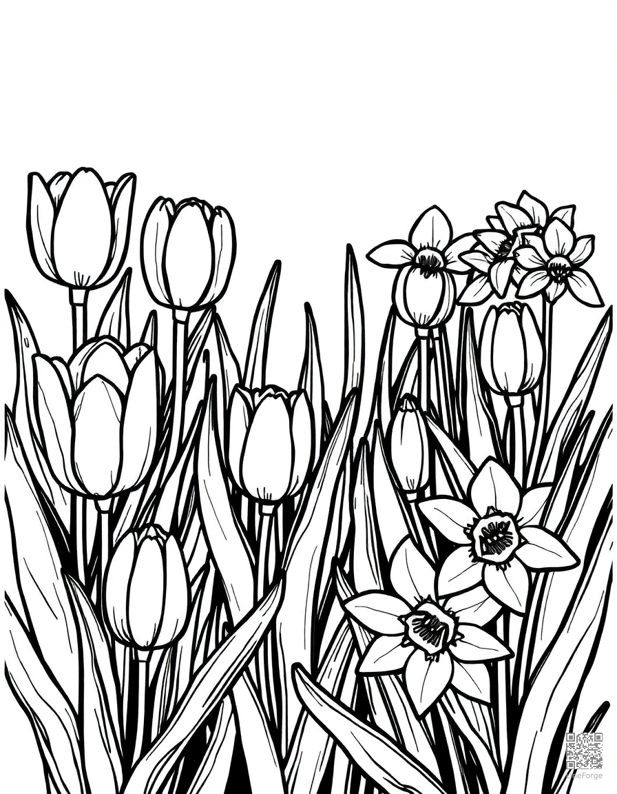 Free garden with blooming tulips and daffodils coloring page in woodcut style — printable line art