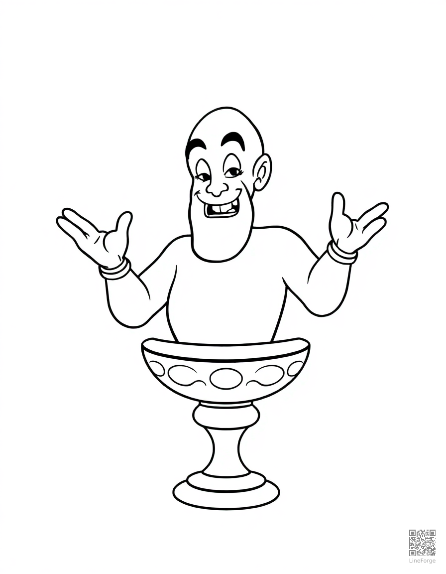 Free genie emerging from a magical lamp coloring page in contour style — printable line art