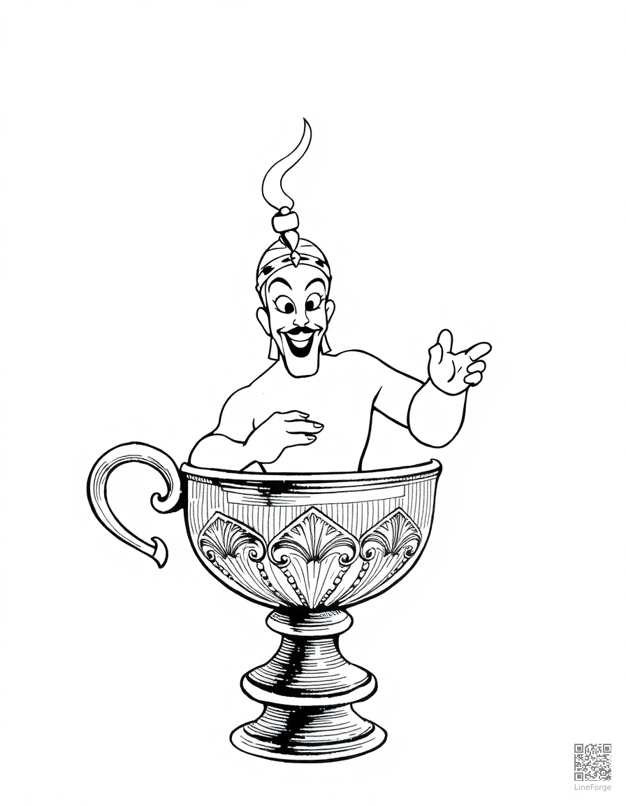 genie emerging from a magical lamp coloring page Crosshatch style - free printable