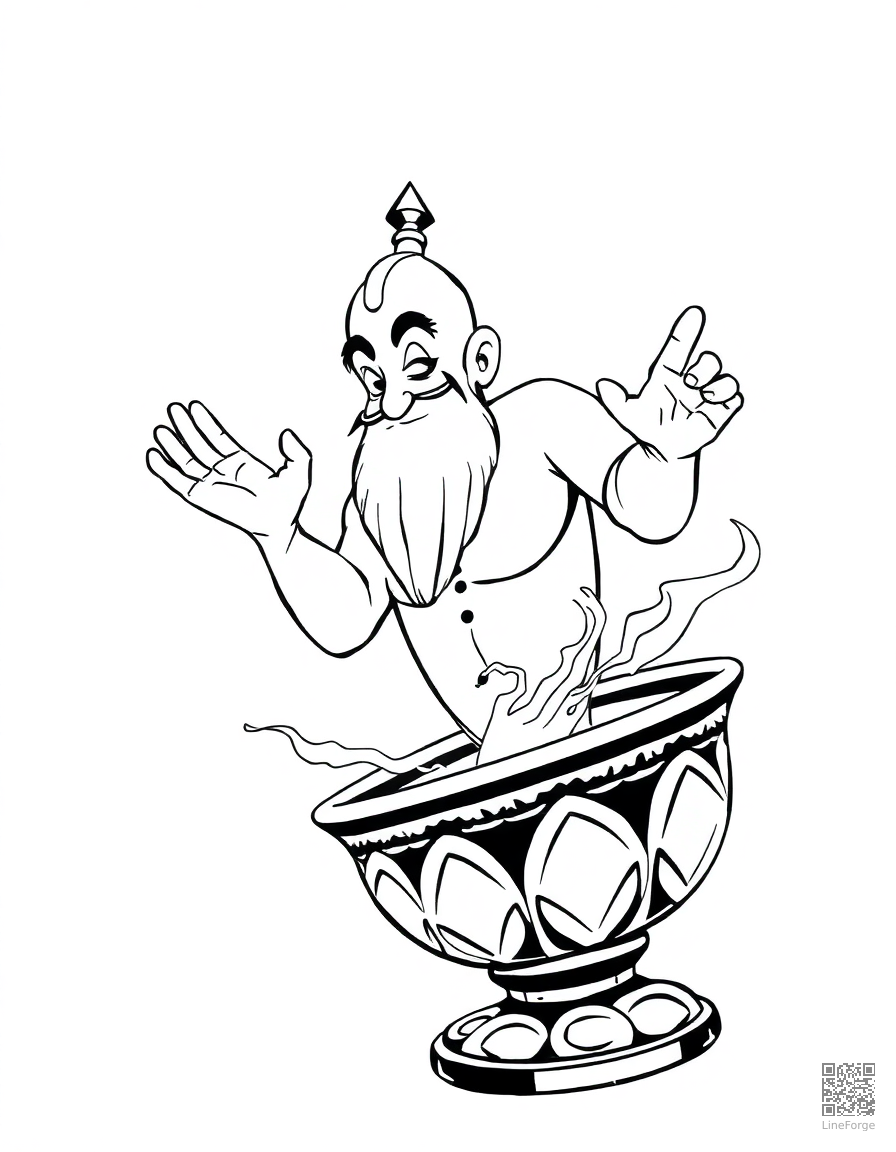 Free genie emerging from a magical lamp coloring page in manga style — printable line art