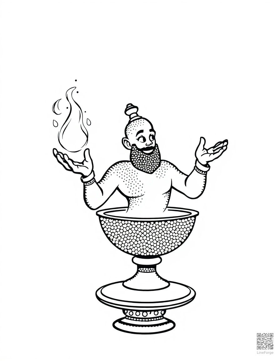 Free genie emerging from a magical lamp coloring page in stipple style — printable line art