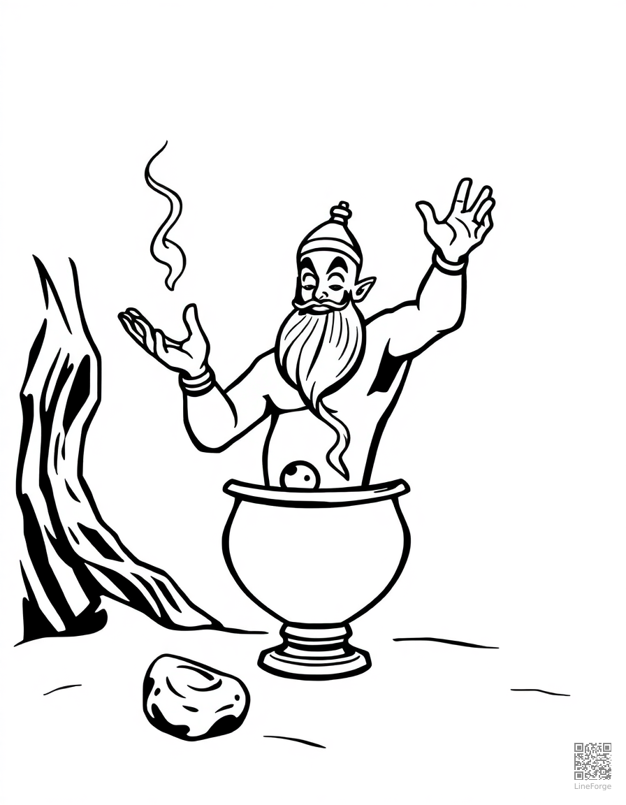 genie emerging from a magical lamp coloring page Woodcut style - free printable