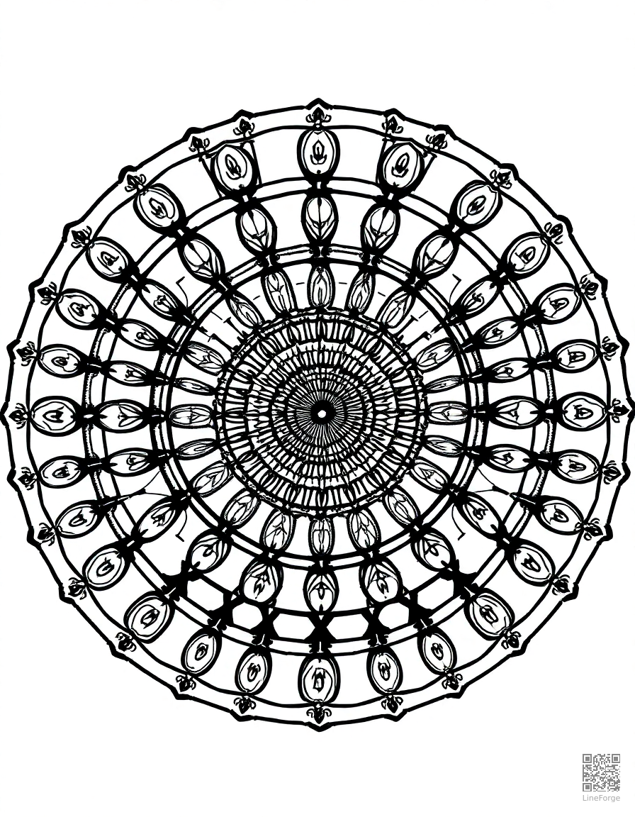 Geometric mandala with concentric circles coloring page Crosshatch style - free printable