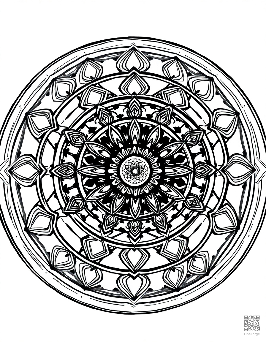 Geometric mandala with concentric circles coloring page Manga style free printable