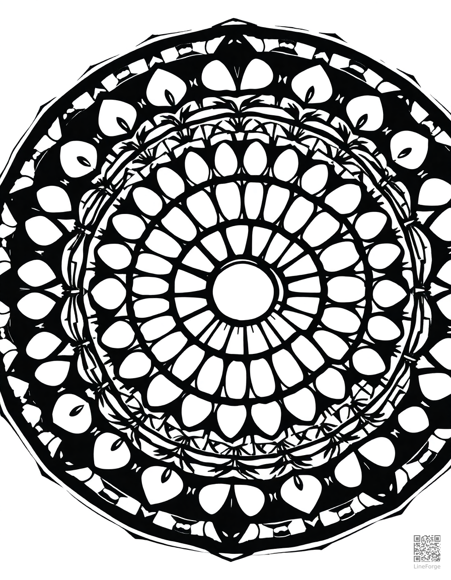 Geometric mandala with concentric circles coloring page Woodcut style free printable