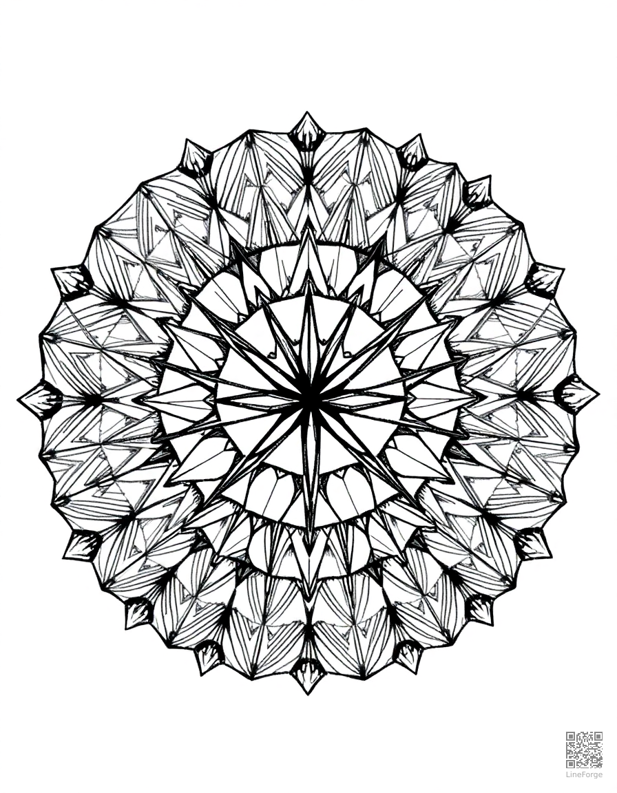 geometric mandala with repeating triangles coloring page Crosshatch style - free printable