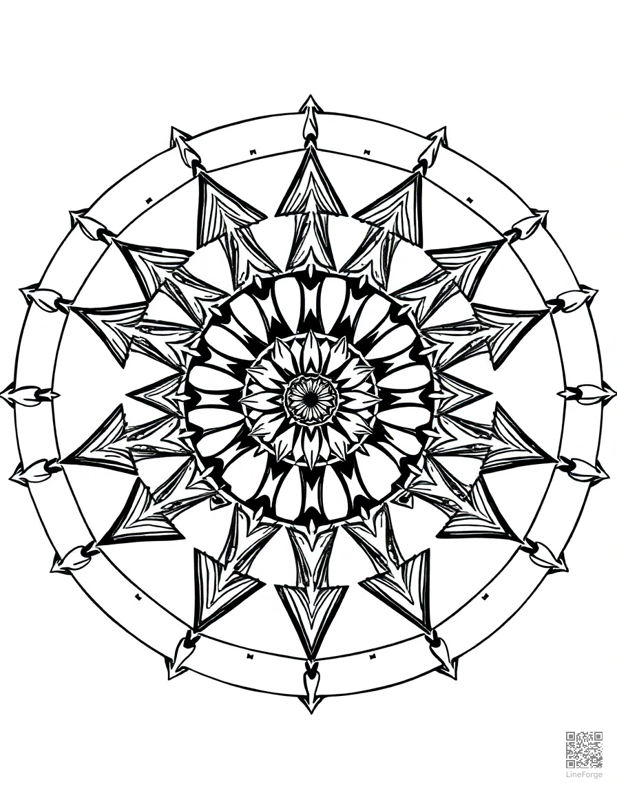 geometric mandala with repeating triangles coloring page Manga style - free printable