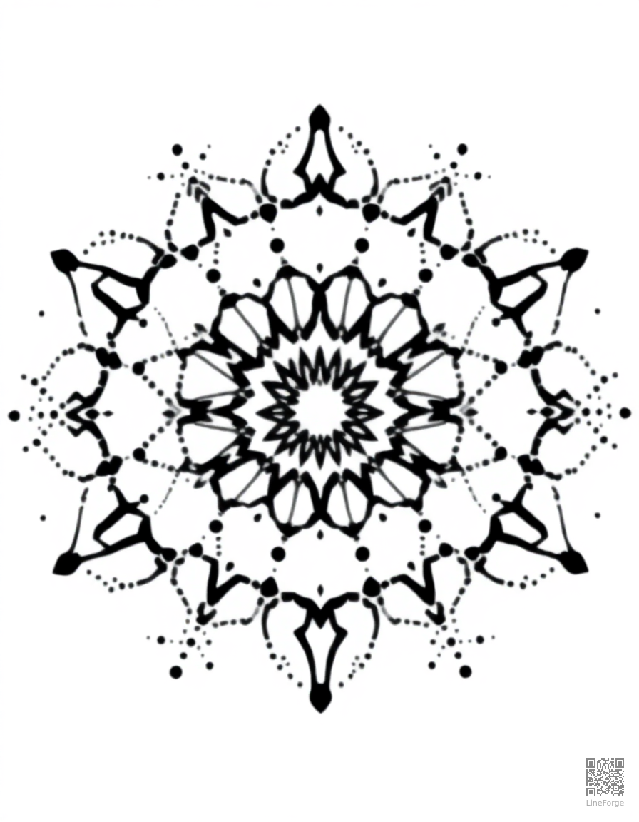 geometric mandala with repeating triangles coloring page Stipple style - free printable