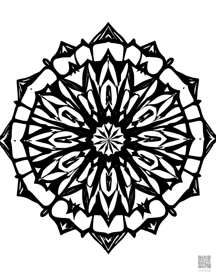 geometric mandala with repeating triangles coloring page Woodcut style - free printable