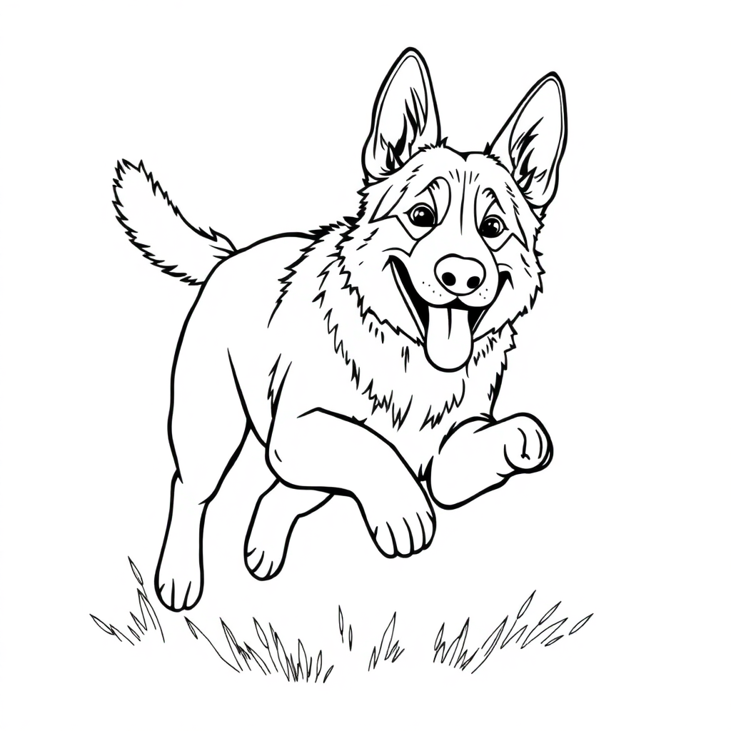 German Shepherd dog — playing and running, energetic and joyful coloring page Contour style - free printable