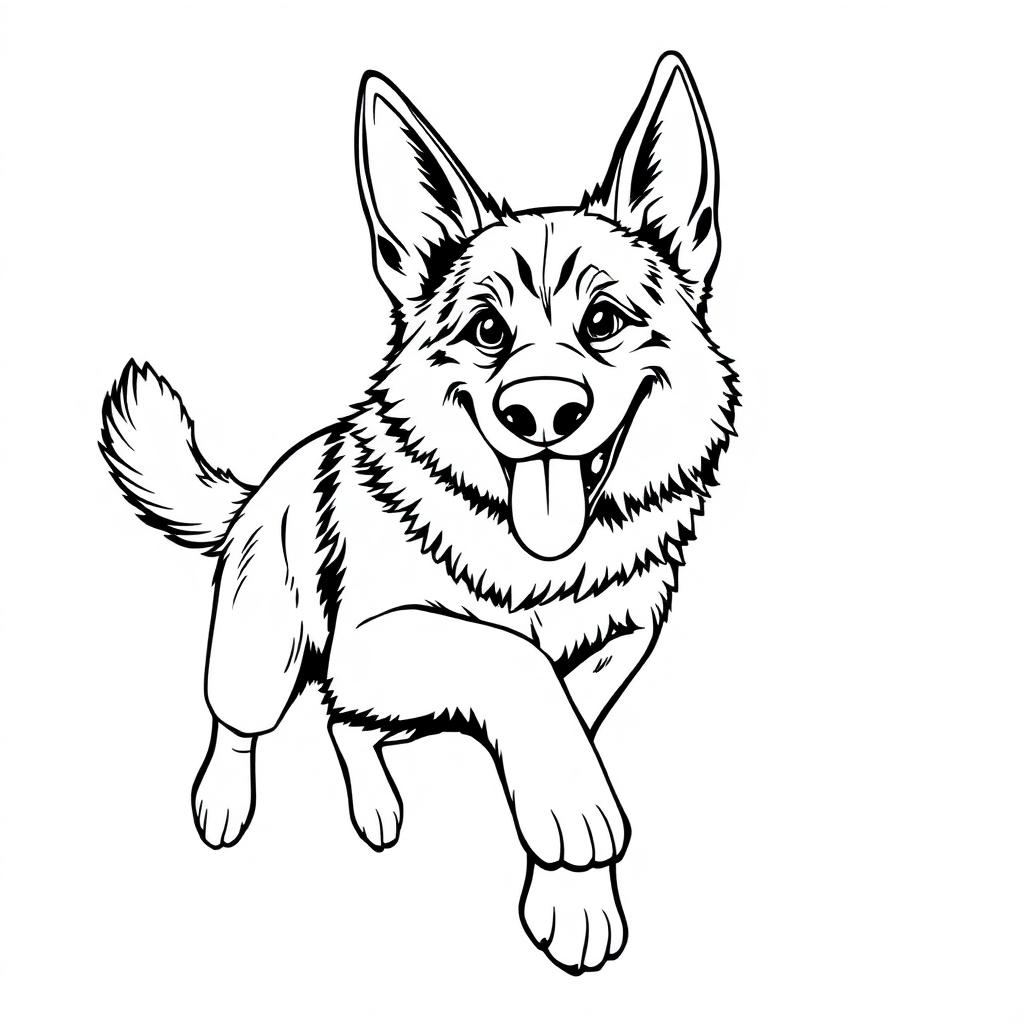 German Shepherd dog — playing and running, energetic and joyful coloring page Manga style - free printable