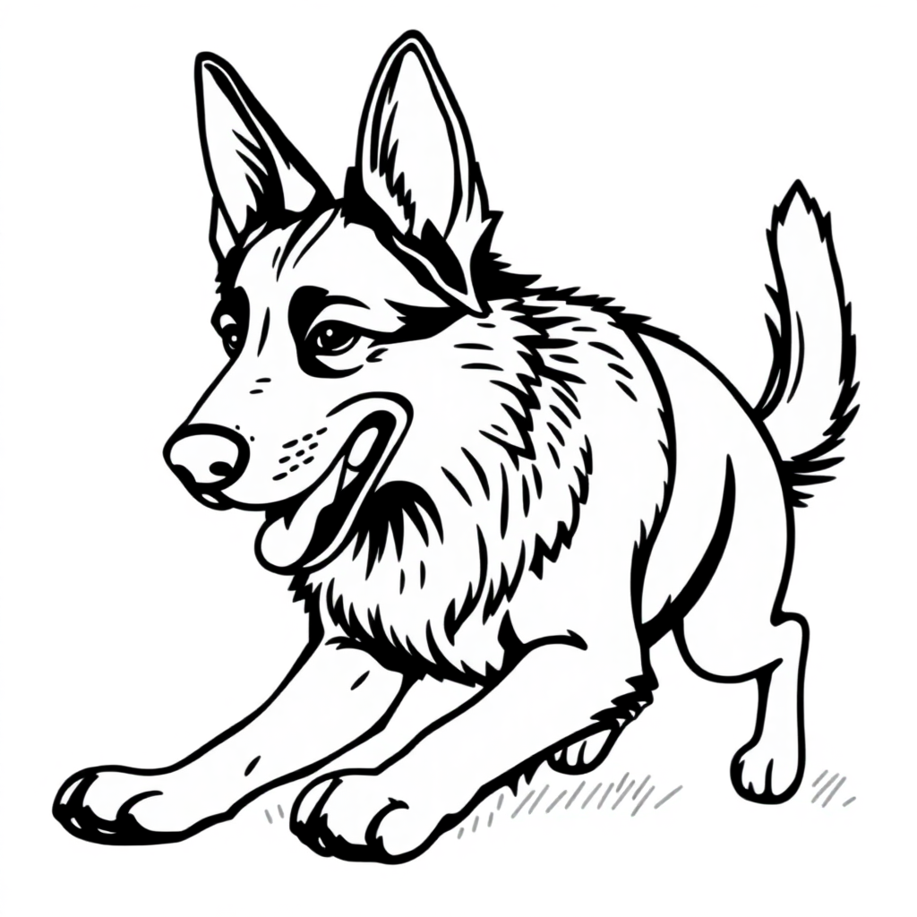 German Shepherd dog — playing and running, energetic and joyful coloring page Minimal style - free printable